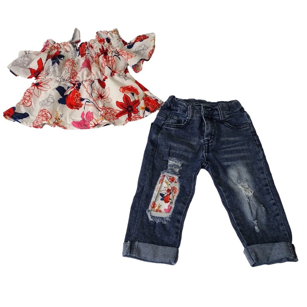 2 pc Floral Top and Ripped Jeans Outfit Set Girls Size M Adjustable Waist